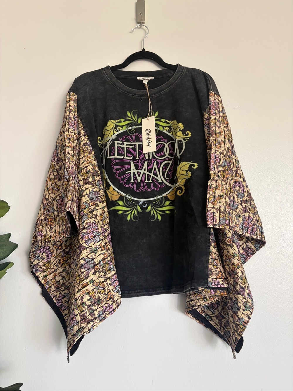 Blue velvet Fleetwood Mac Graphic Poncho Top - Black with Floral Sleeves